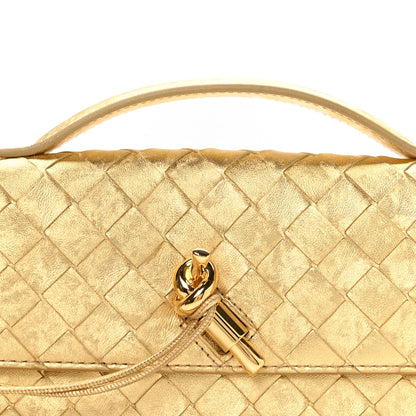 Metallic Satin Lambskin Intrecciato Long Andiamo Top Handle Clutch Gold