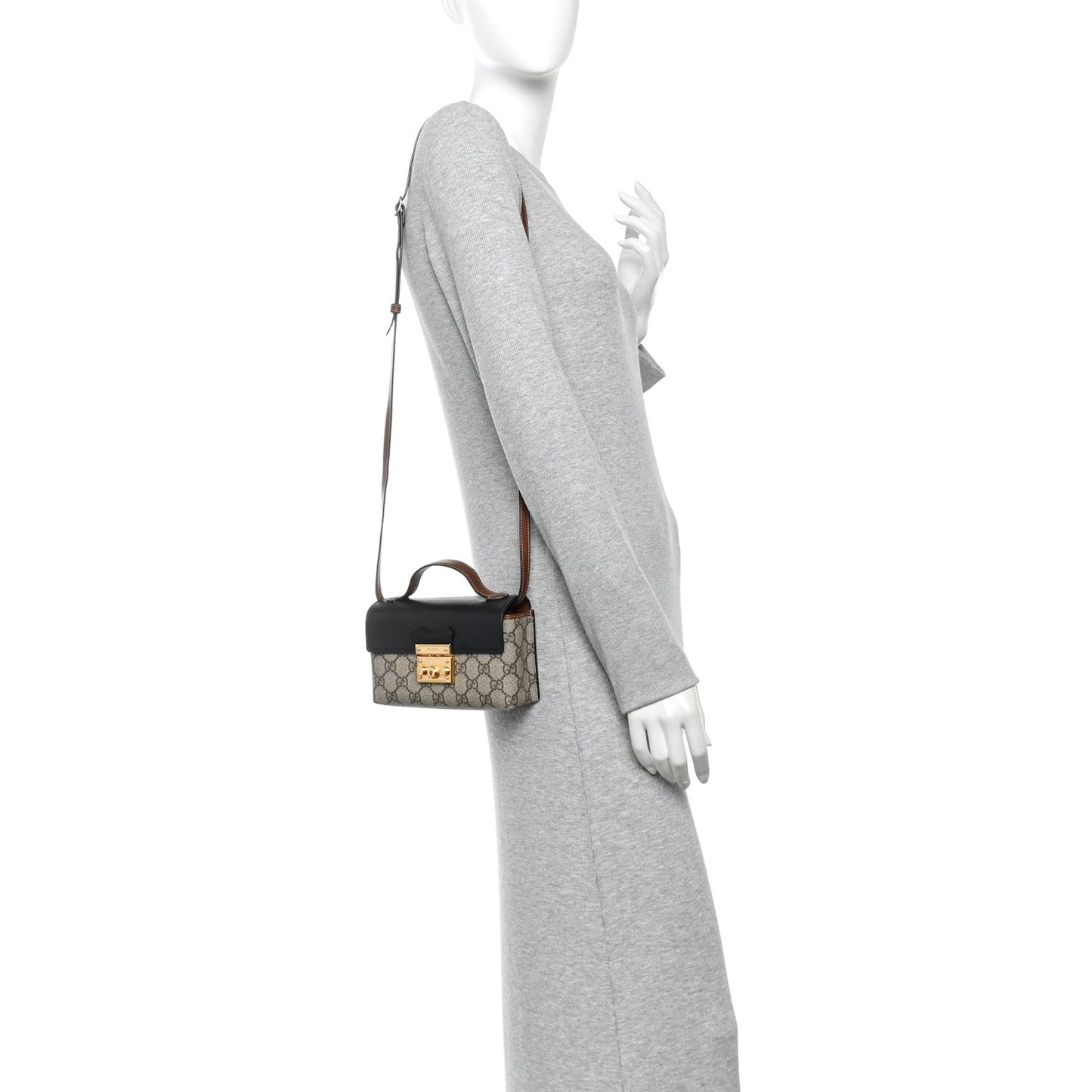GG Supreme Monogram Calfskin Mini Padlock Top Handle Shoulder Bag Beige Black Cuir