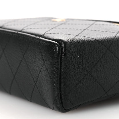 Goatskin Stitched Top Handle Slim Vanity With Chain Black