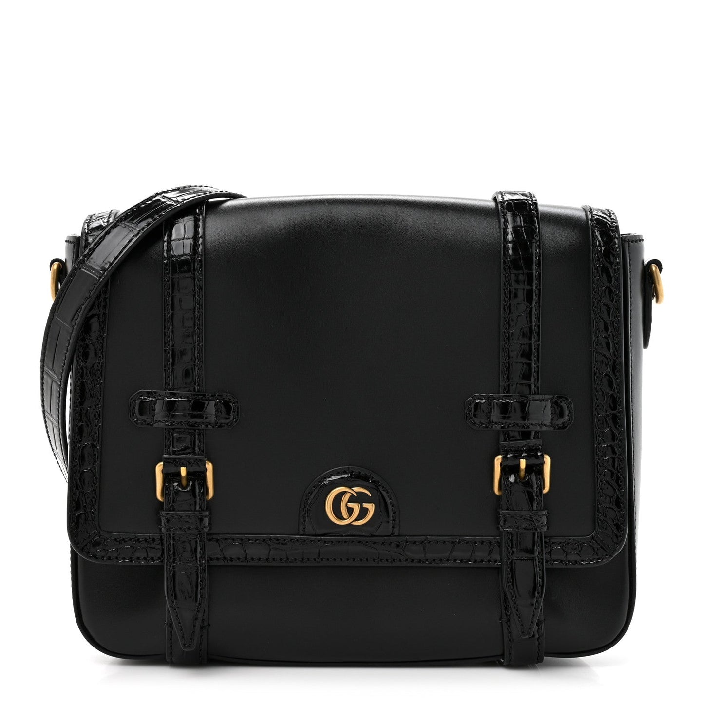 Calfskin Crocodile GG Double Buckle Medium Messenger Bag Black