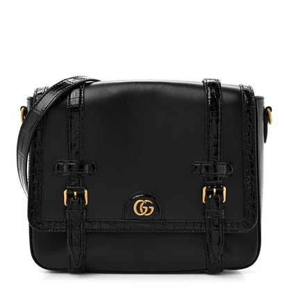 Calfskin Crocodile GG Double Buckle Medium Messenger Bag Black