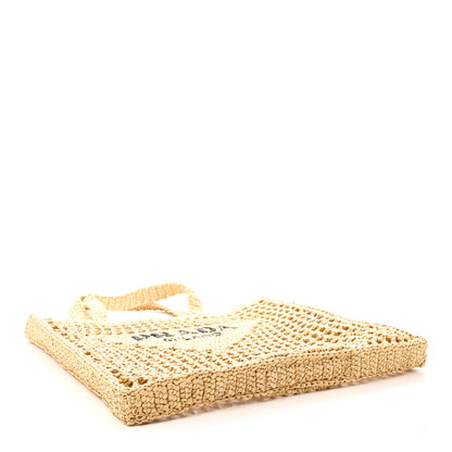Yarn Raffia Effect Crochet Logo Embroidered Tote Bag Naturale