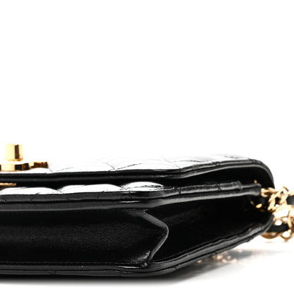 Shiny Lambskin Quilted Golden Links Wallet On Chain WOC Black