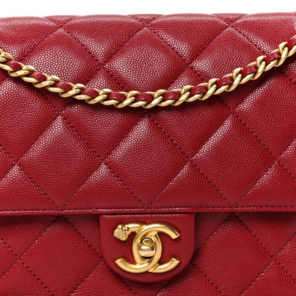 Caviar Quilted Camellia Chain Around Flap Red