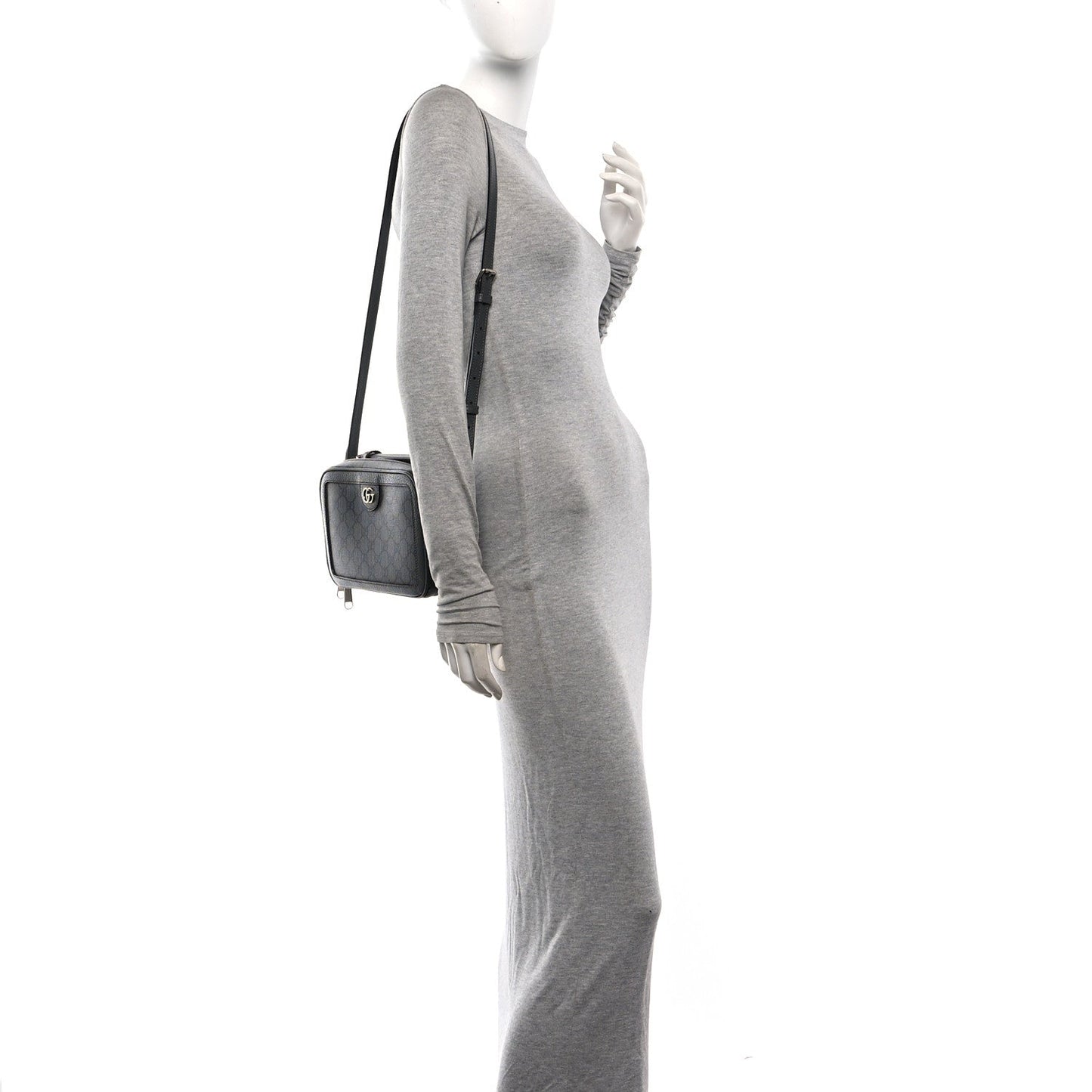 GG Supreme Monogram Textured Dollar Calfskin Small Ophidia Top Handle Shoulder Bag  Grey Black Graphite Grey