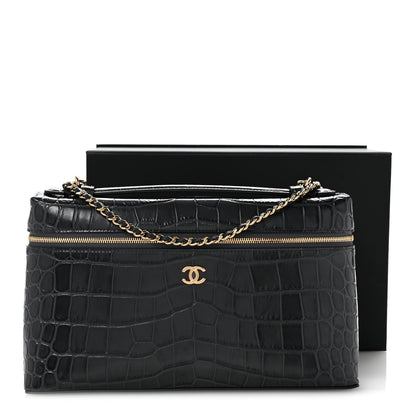 Calfskin Crocodile Embossed Large Top Handle Slim Vanity Case With Chain  Grey