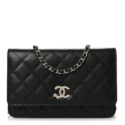Caviar Quilted Crystal Star Wallet On Chain Black
