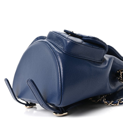 Shiny Caviar Quilted Medium Duma Pockets Drawstring Backpack Dark Blue