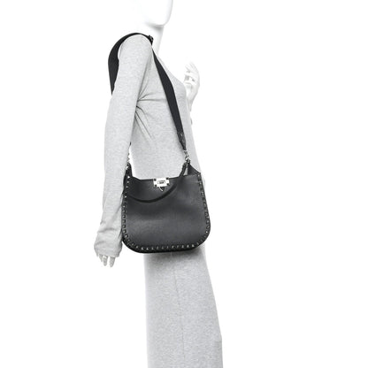 Grained Calfskin Rockstud Hobo Shoulder Bag Black