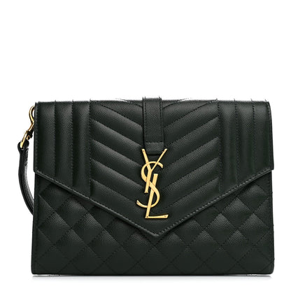 Grain De Poudre Textured Mixed Matelasse Triquilt Monogram Clutch Vert Fonce