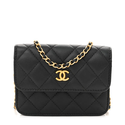 Lambskin Quilted Pearl Crush Flap With Chain Black