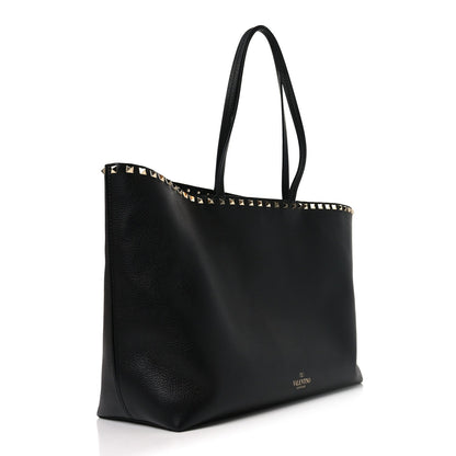 Grained Calfskin Rockstud Shoulder Tote Black