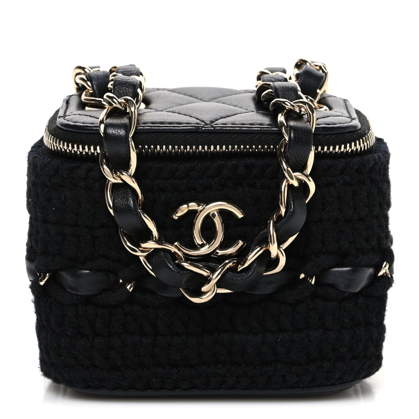 Lambskin Crochet Quilted Mini Vanity Case With Chain Black