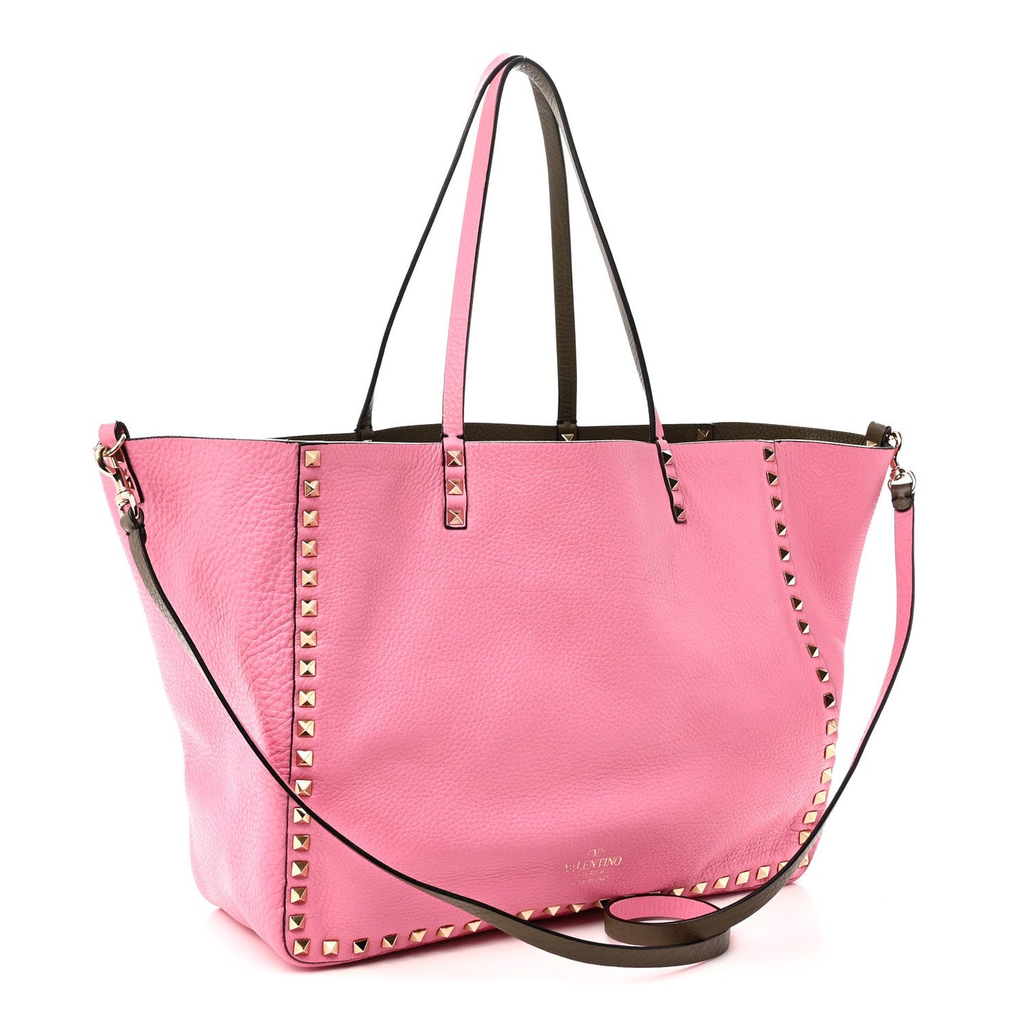 Grained Calfskin Medium Rockstud Reversible Tote Army Green Pink
