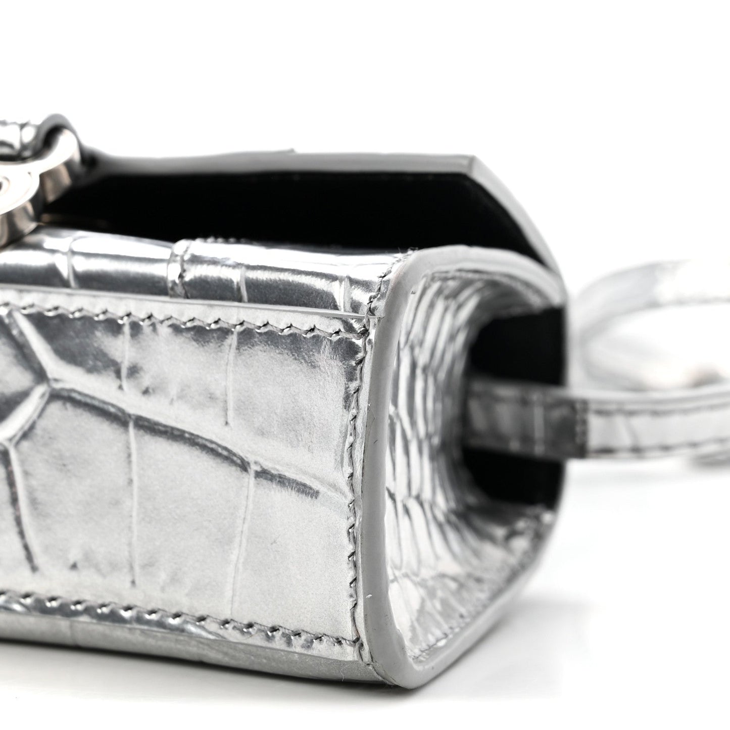 Metallic Calfskin Crocodile Embossed Hourglass Top Handle Bag Mini Silver