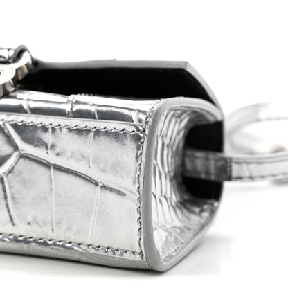 Metallic Calfskin Crocodile Embossed Hourglass Top Handle Bag Mini Silver