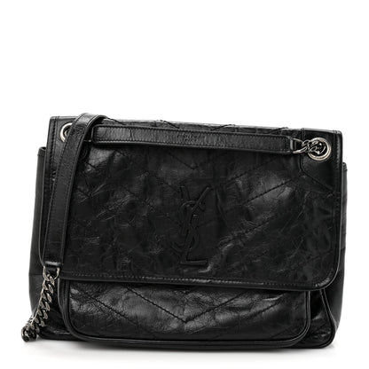 Crinkled Calfskin Matelasse Monogram Medium Niki Chain Satchel Black