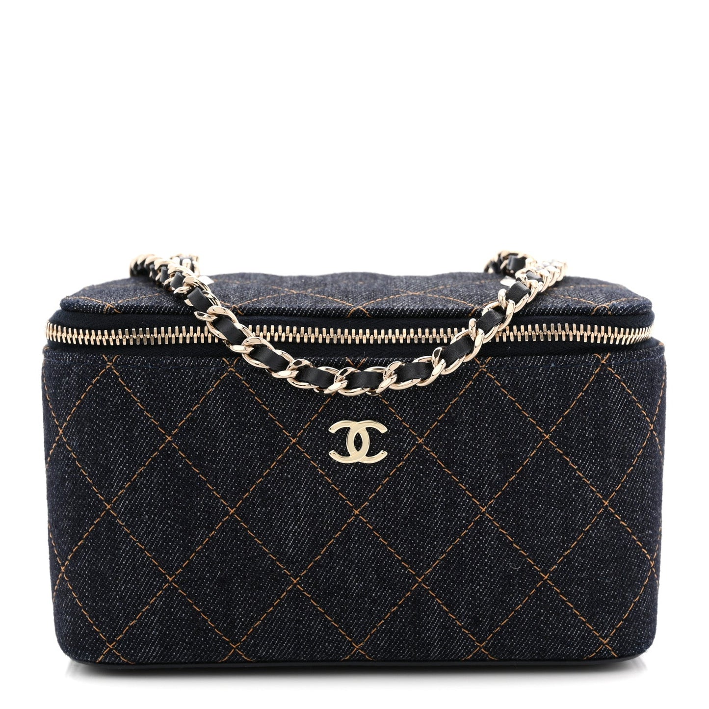Denim Quilted Vanity Case With Chain Dark Blue