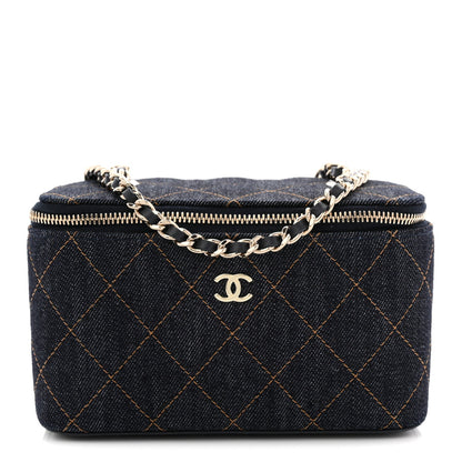 Denim Quilted Vanity Case With Chain Dark Blue