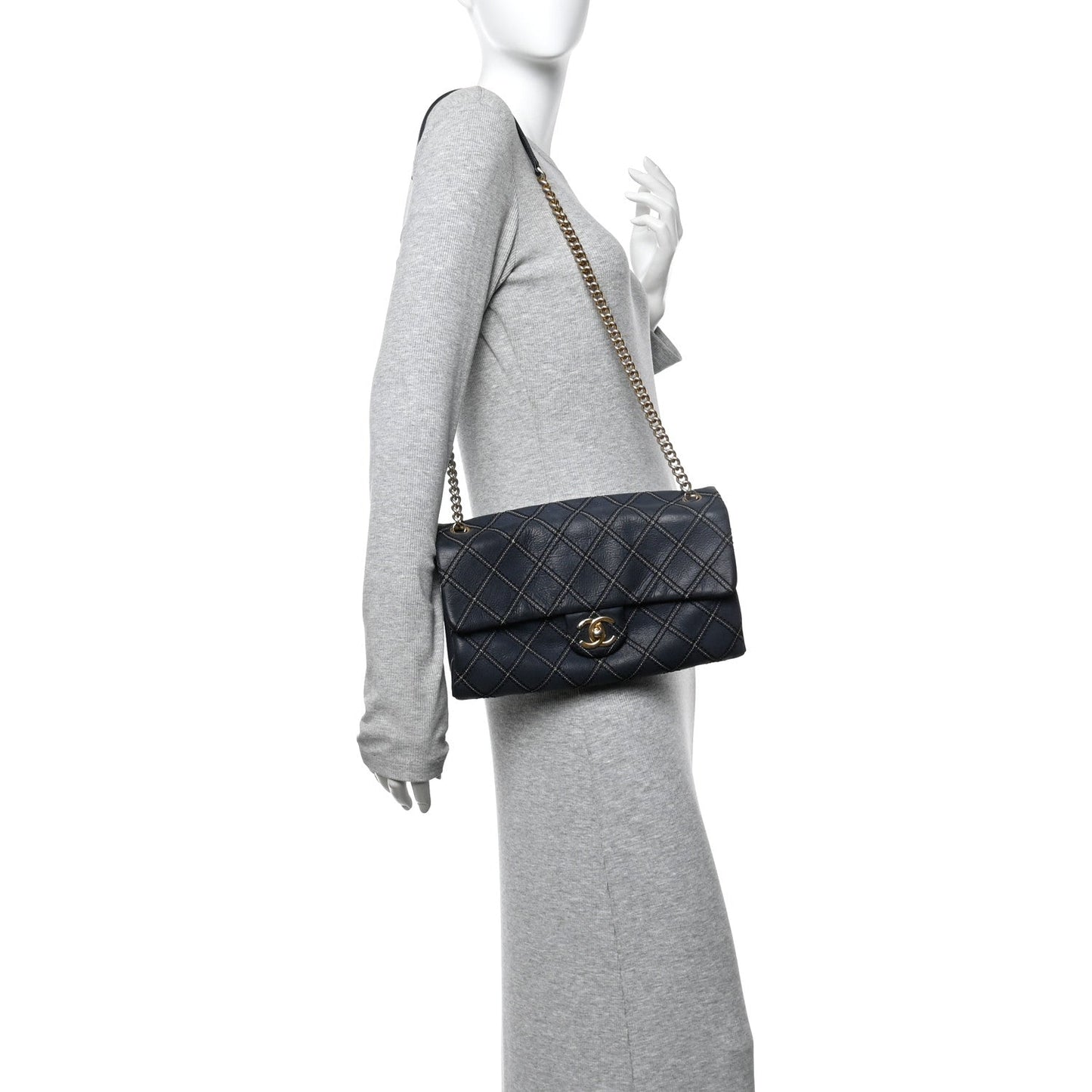 Iridescent Calfskin Triple Stitched Medium Flap Navy