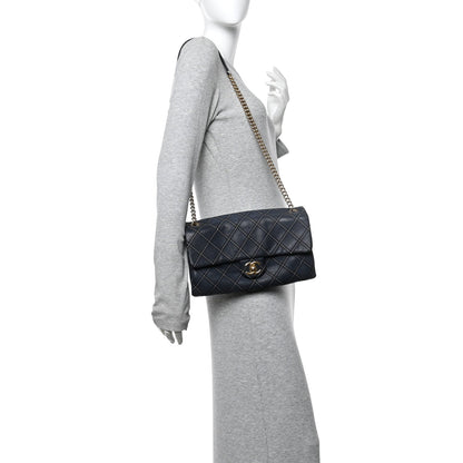 Iridescent Calfskin Triple Stitched Medium Flap Navy
