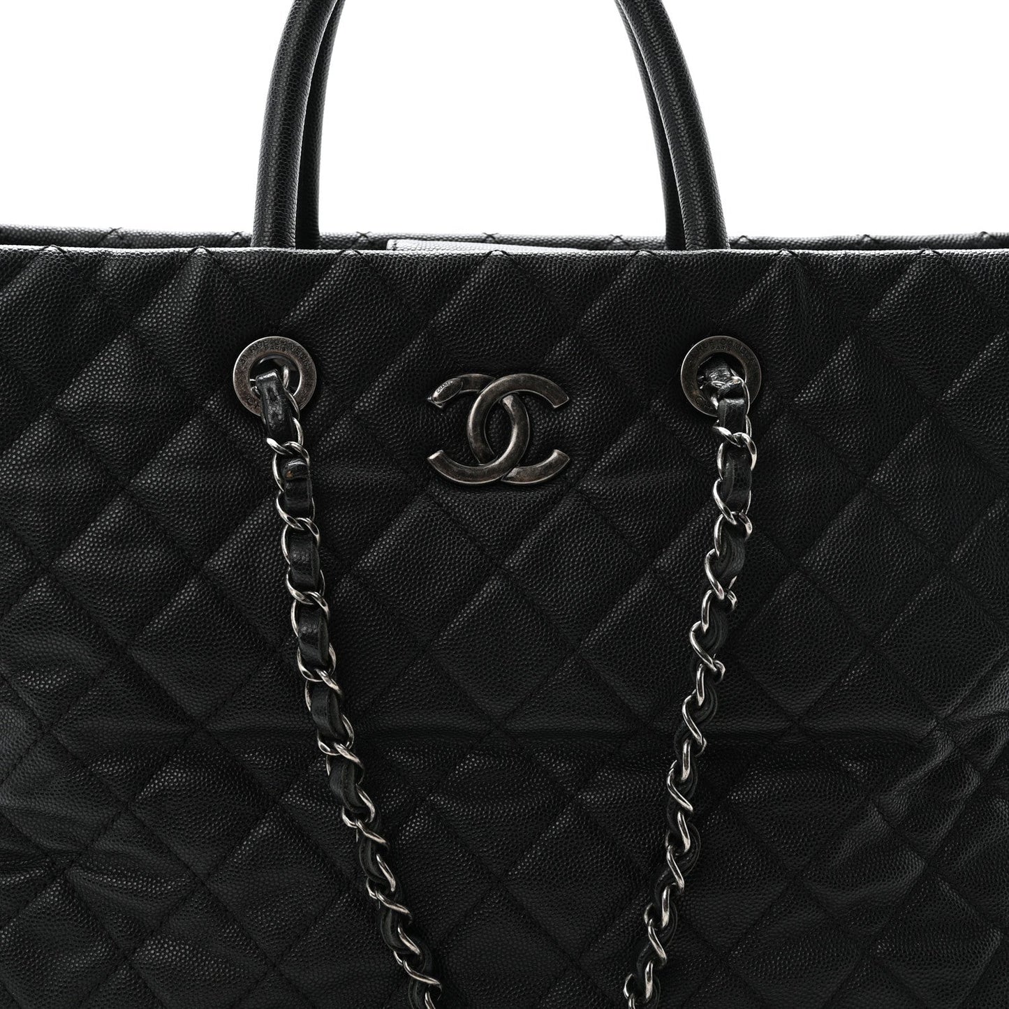 Caviar Quilted Large Coco Handle Shopping Tote Black