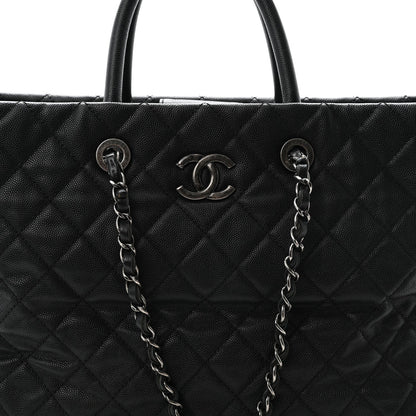 Caviar Quilted Large Coco Handle Shopping Tote Black