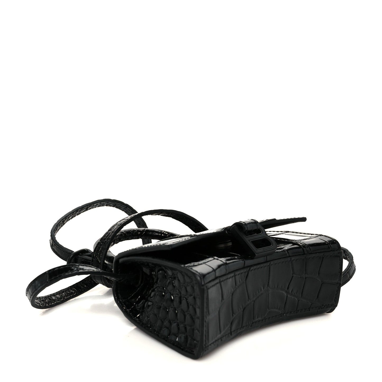 Shiny Calfskin Monochrome Crocodile Embossed Hourglass Top Handle Bag Mini Black