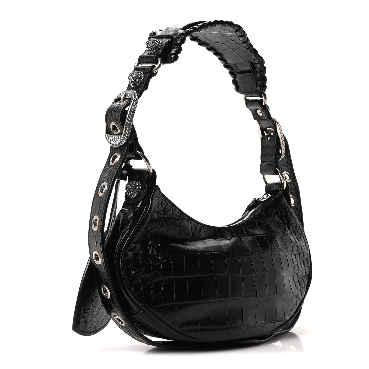 Extra Supple Calfskin Crystal Crocodile Embossed Le Cagole Shoulder Bag XS Black