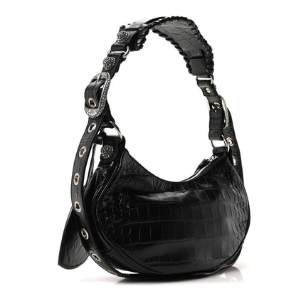Extra Supple Calfskin Crystal Crocodile Embossed Le Cagole Shoulder Bag XS Black