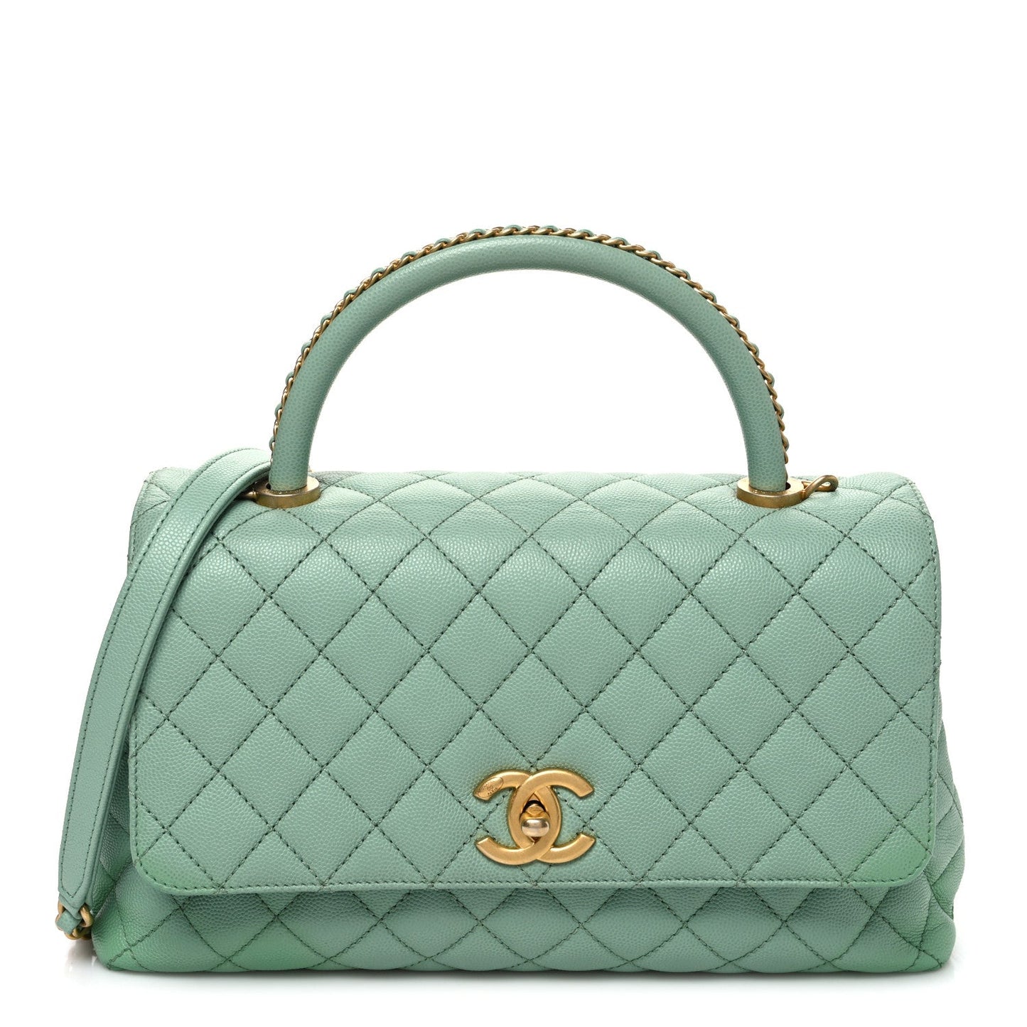 Caviar Quilted Small Coco Chain Handle Flap Light Green