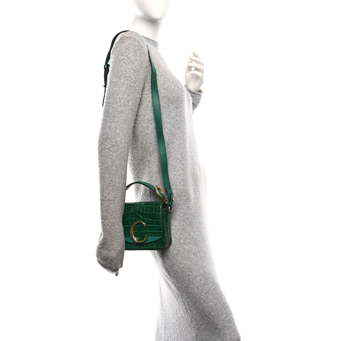 Calfskin Crocodile Embossed Mini C Double Carry Woodsy Green
