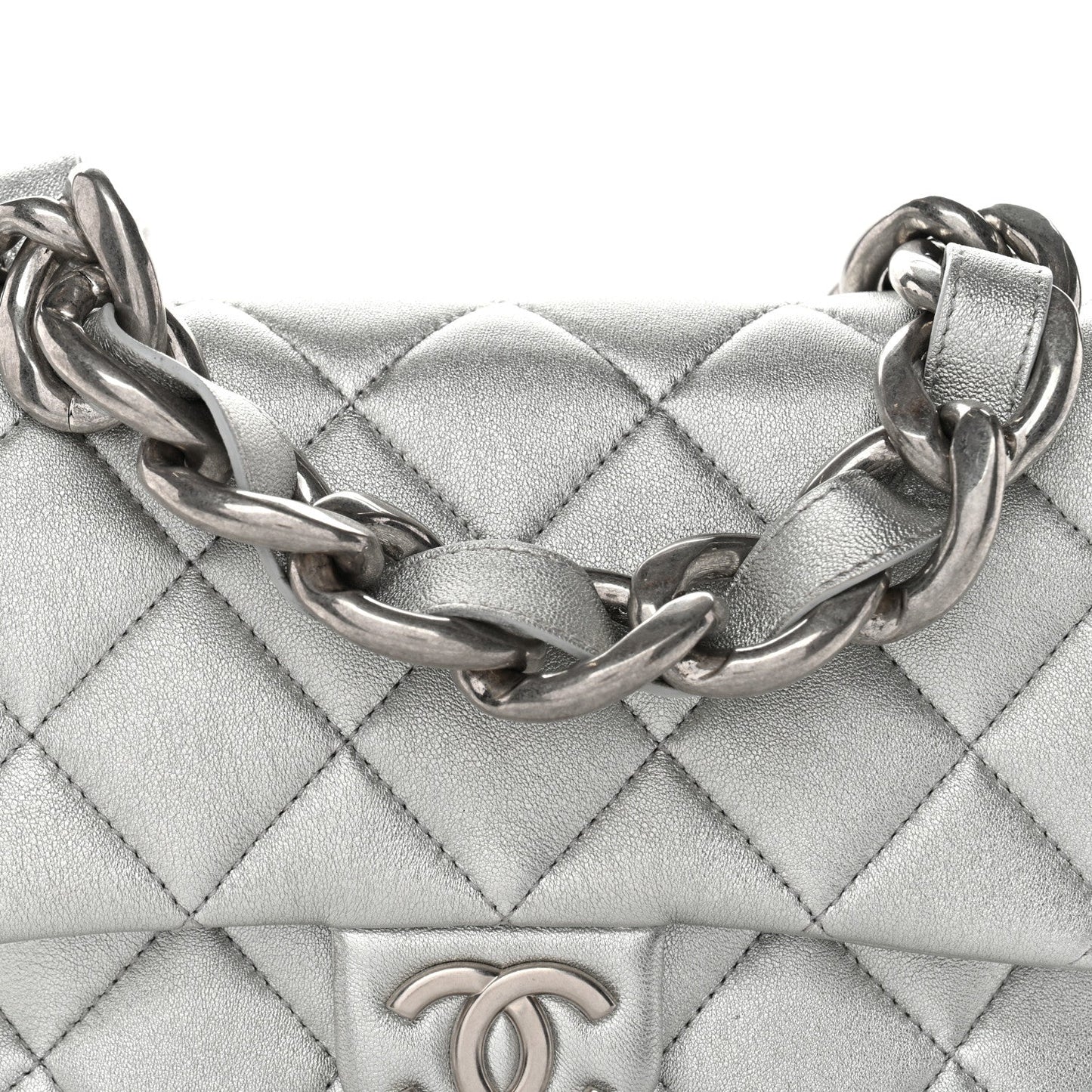 Metallic Lambskin Lacquered Quilted Small Flap Silver