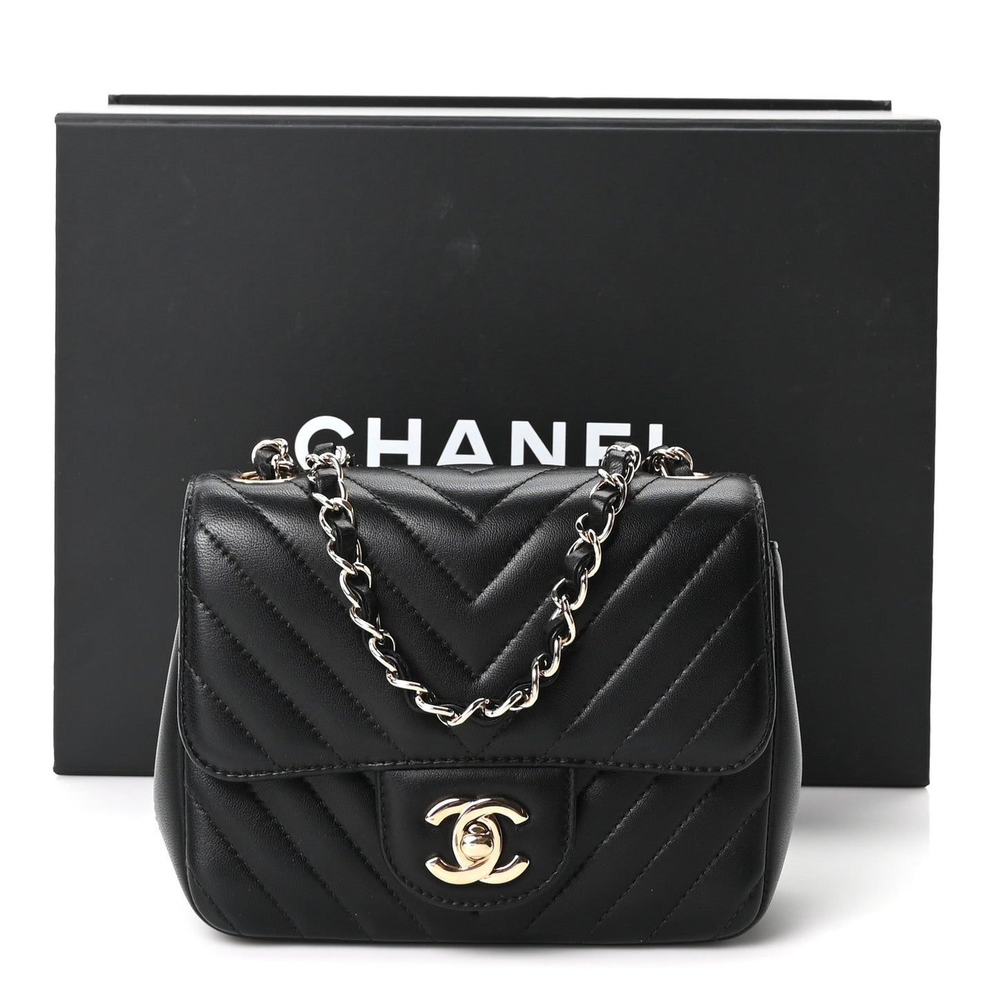 Lambskin Chevron Quilted Mini Square Flap Black