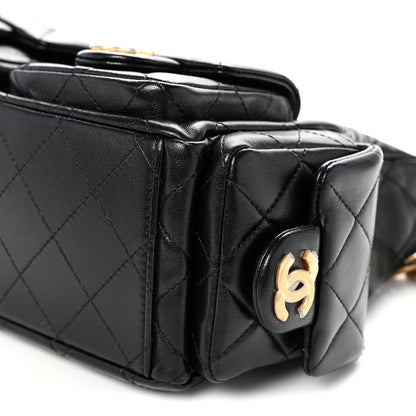 Shiny Lambskin Quilted Trendy Pockets Hobo Black