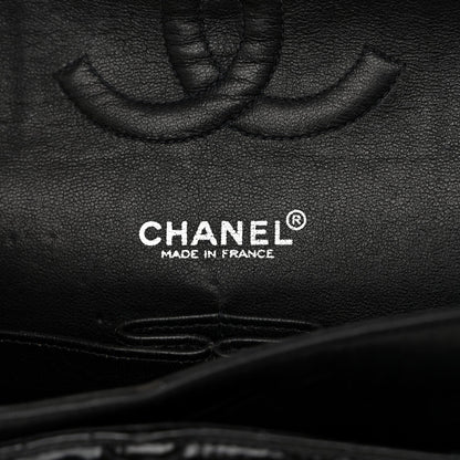 Glazed Calfskin Quilted Medium Double Flap Black