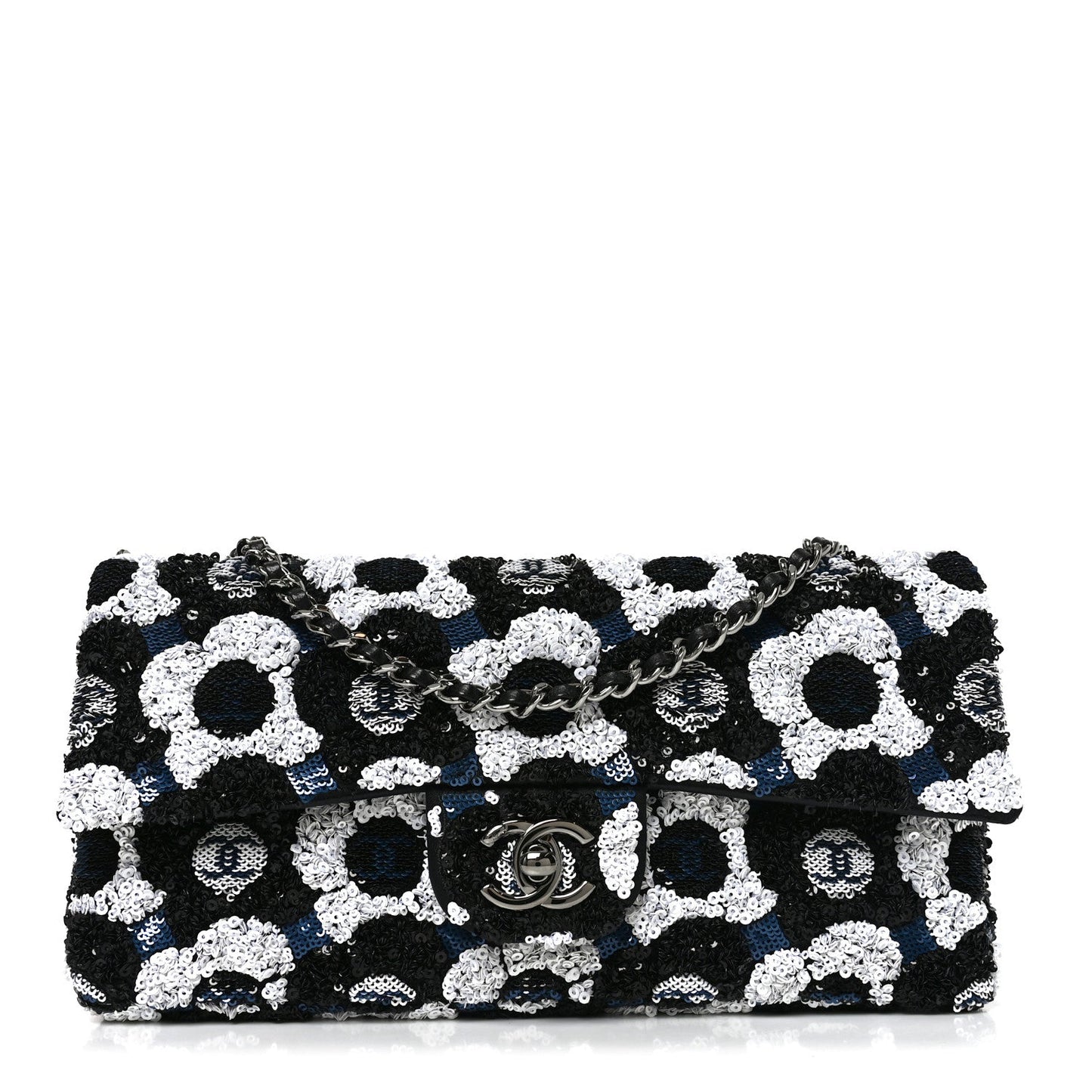 Satin Sequin Embellished Flower East West Flap Black White Blue