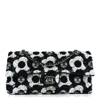 Satin Sequin Embellished Flower East West Flap Black White Blue