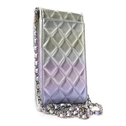Gradient Metallic Calfskin Quilted CC Phone Holder Silver Blue Yellow Purple