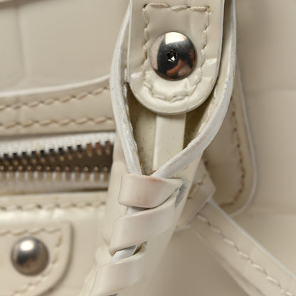 Semi Shiny Calfskin Crocodile Embossed Neo Classic Silver Hardware Nano City Crossbody White