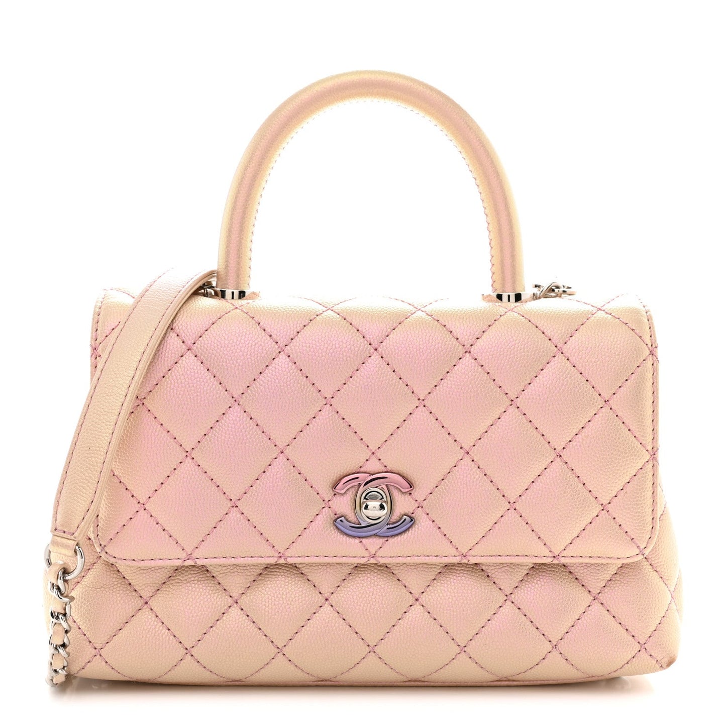 Iridescent Caviar Quilted Mini Coco Handle Flap Pink