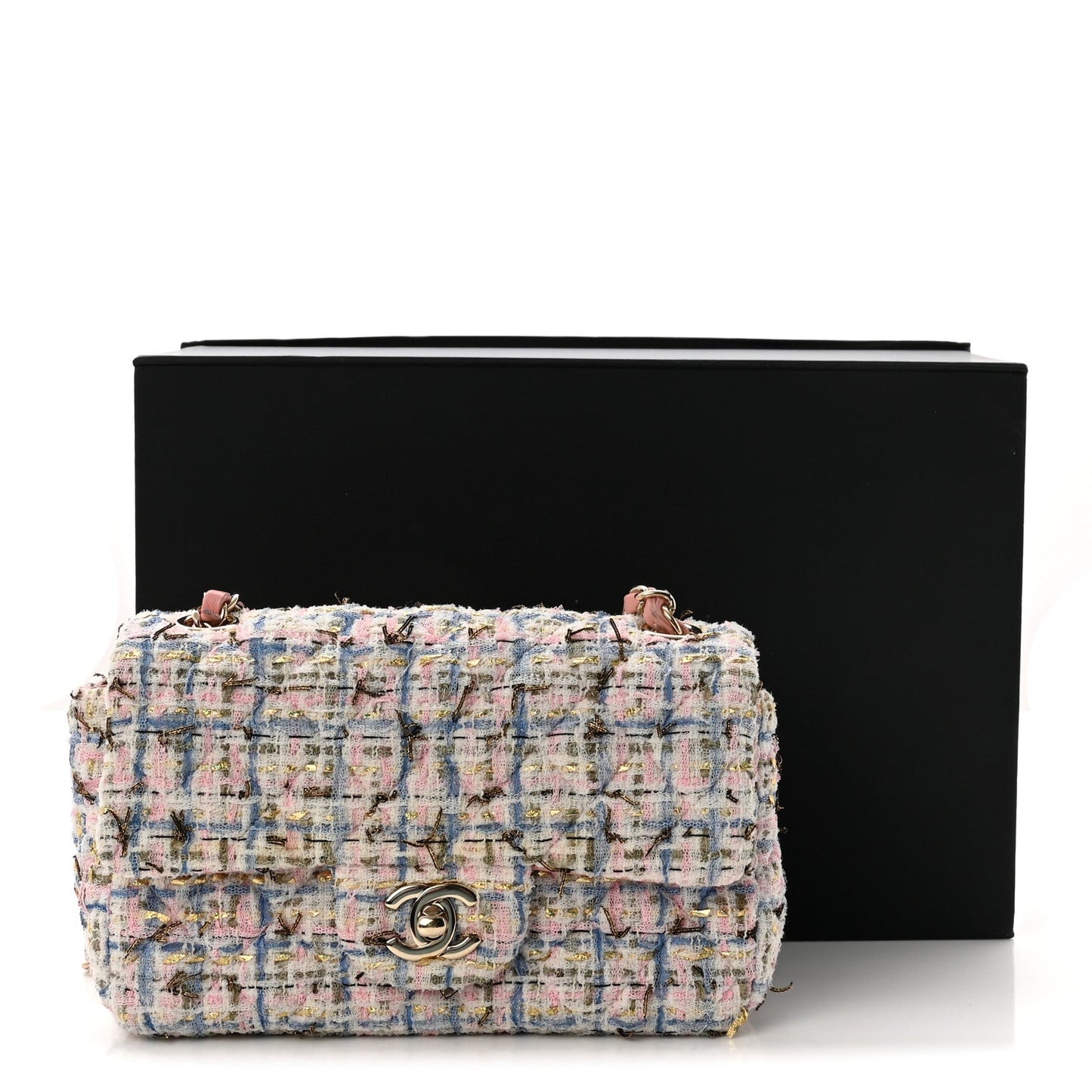 Tweed Quilted Mini Rectangular Flap Light Blue Pink Gold White
