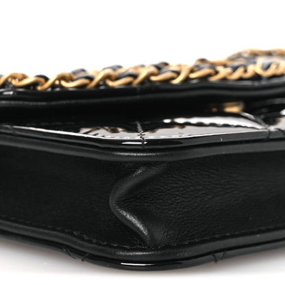 Patent Quilted Chain Around Heart Mini Chain Flap Black
