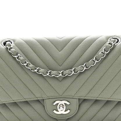 Caviar Chevron Quilted Medium Double Flap  Green