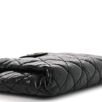 Crumpled Grained Calfskin Quilted Coco Pleats Clutch Black