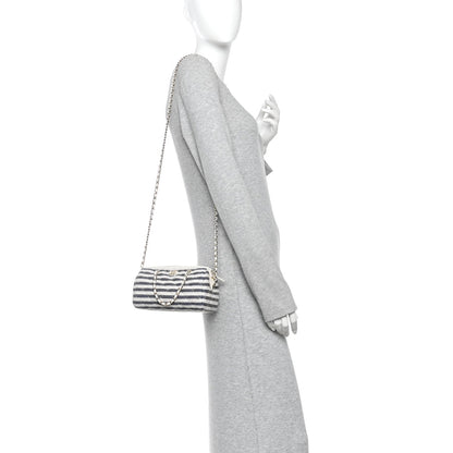 Printed Fabric Clutch With Chain Light Beige Dark Blue
