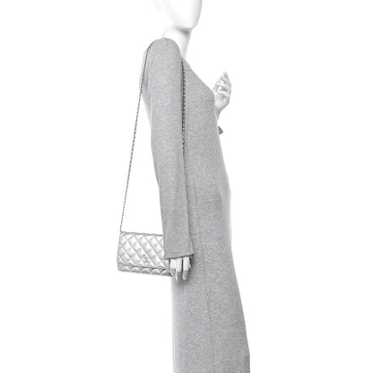 Metallic Lambskin Quilted Wallet On Chain WOC Silver