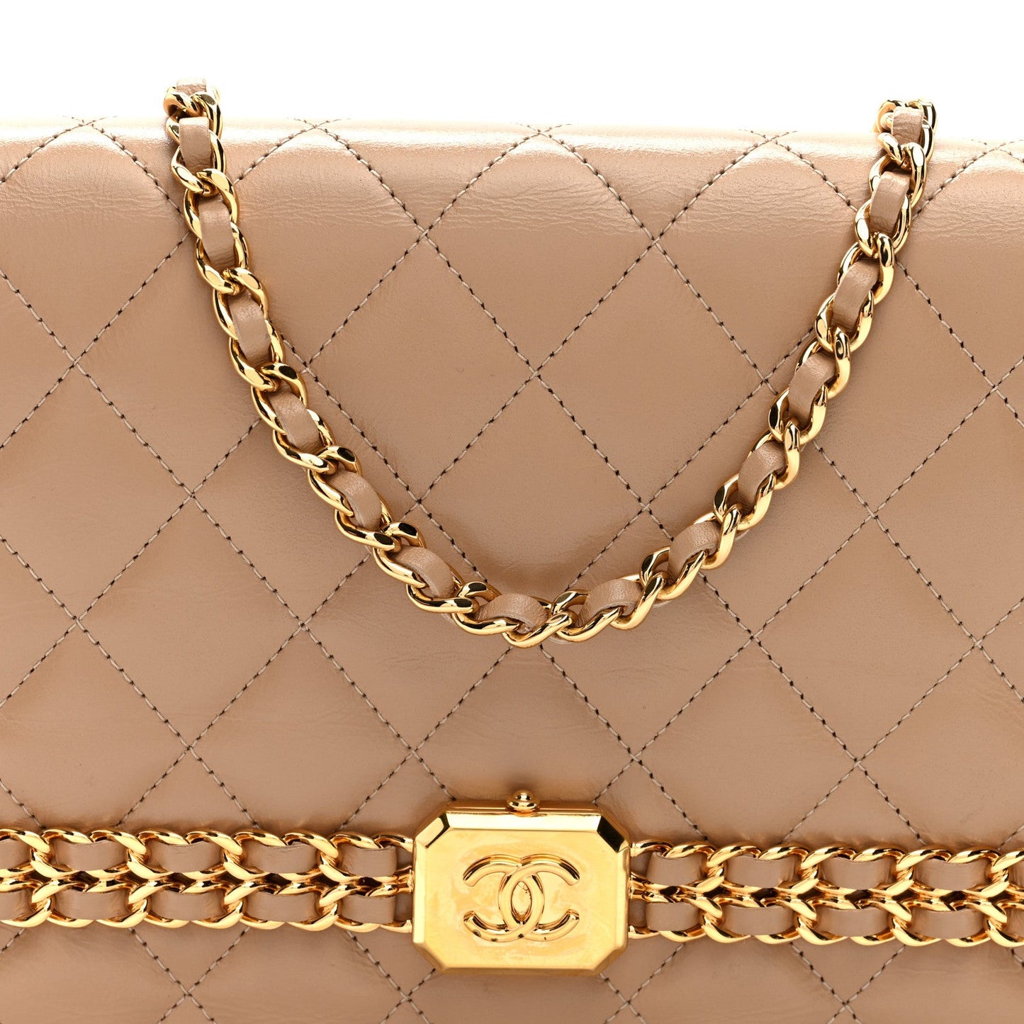 Shiny Aged Calfskin Quilted Clutch With Chain Dark Beige