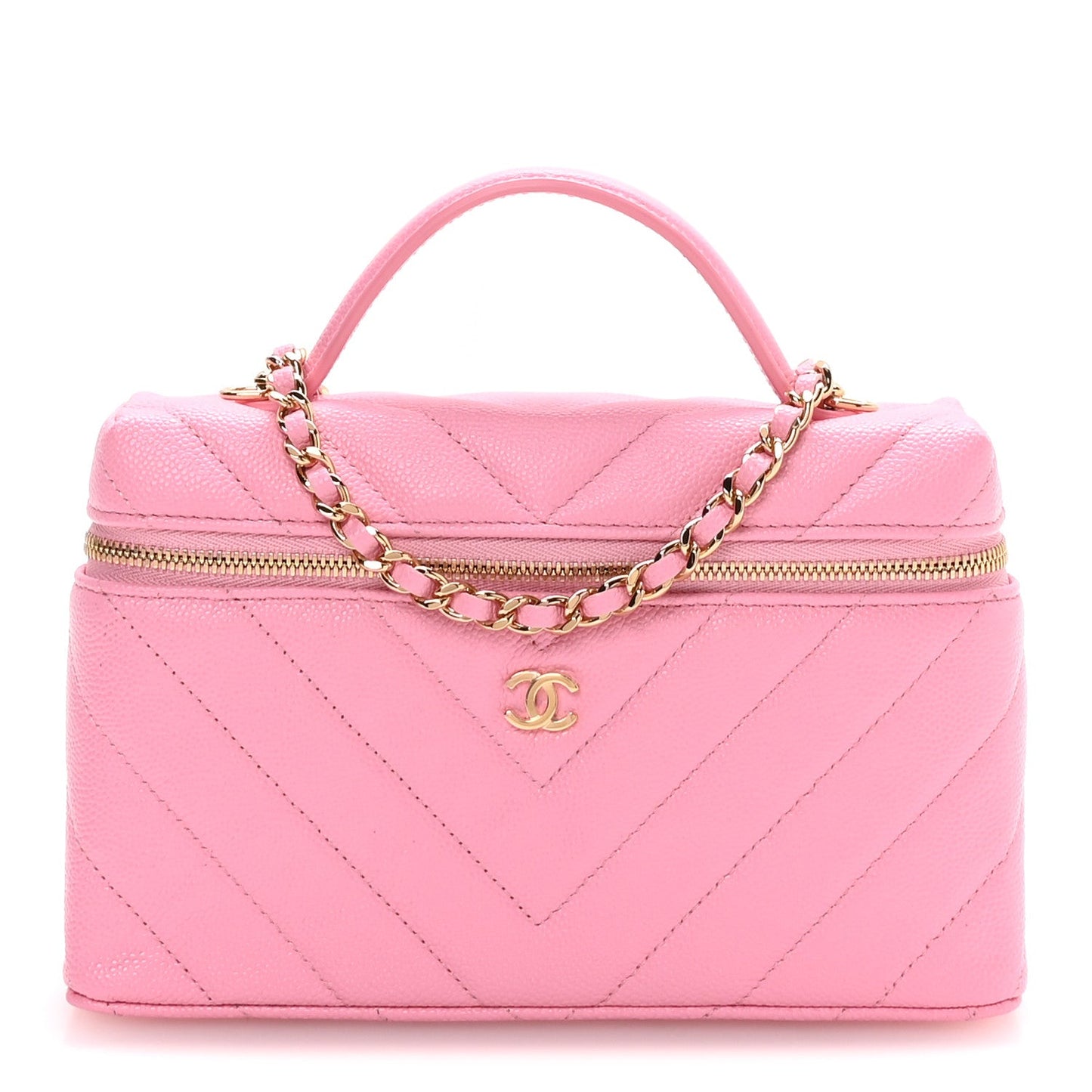 Shiny Caviar Chevron Quilted Top Handle Vanity With Chain Rose