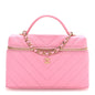 Shiny Caviar Chevron Quilted Top Handle Vanity With Chain Rose
